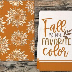 Fall Kitchen Towels Orange Autumn Holiday Thanksgiving Halloween Cottage Decor
